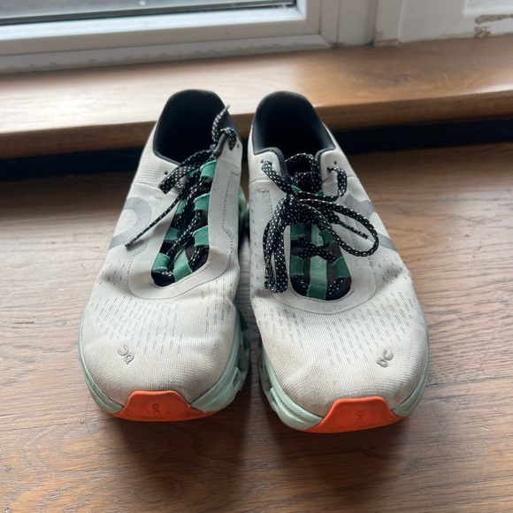 ON cloudmonster - White and Navy Athletic Shoes with Orange Accents - Picture 2 of 5